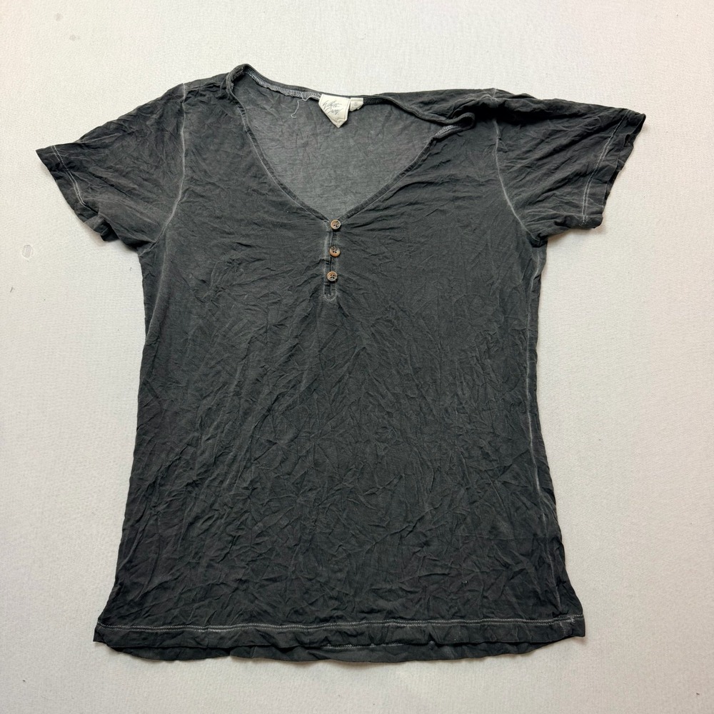 White Crow Henley Top Women Small Grey Excellent Crinkle V-Neck Short Sleeve